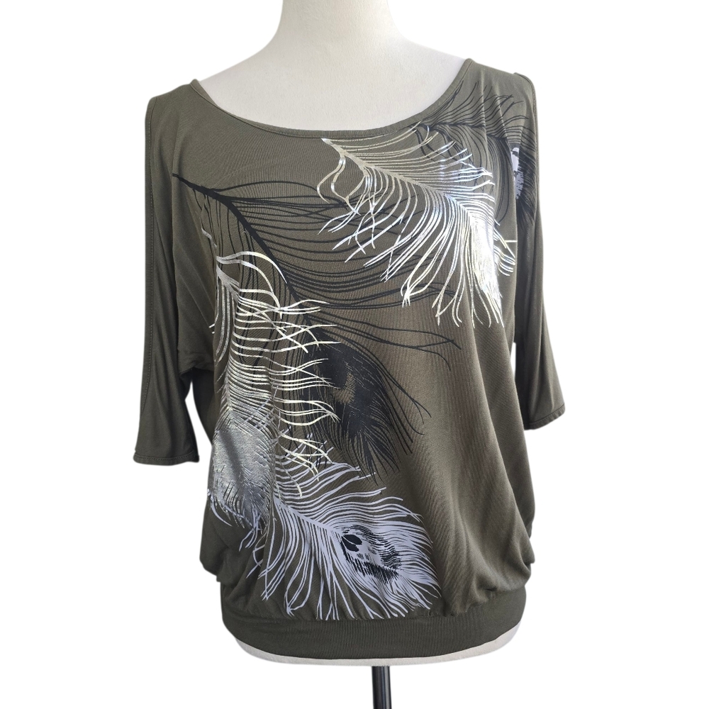 Venus Olive Green Feather Print Cold Shoulder Top Size XS